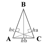 Isosceles Triangle Diagram with Angles A, B and C and altitudes ha, hb and hc respectively