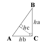 Right Triangle Diagram with Angles A, B and C and altitudes ha, hb and hc respectively